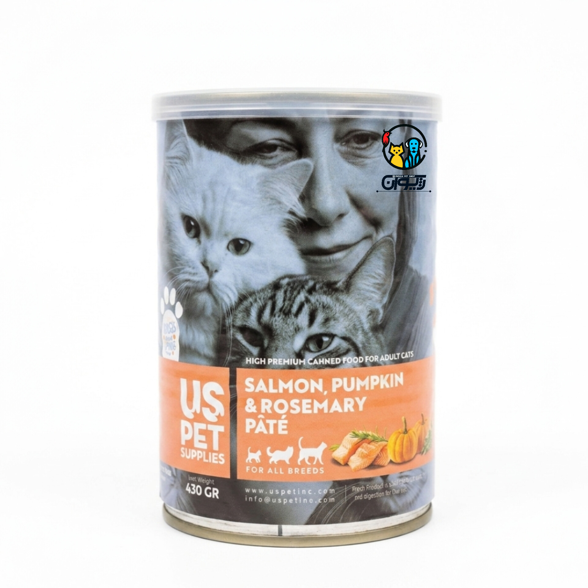 کنسرو گربه های پریمیوم یو اس پت طعم سالمون، کدو تنبل، رزماری 430 گرم. HIGH PREMIUM CANNED FOOD FOR ADULT CATS US PET SALMON, PUMPKIN & ROSEMARY PÂTÉ  430gr