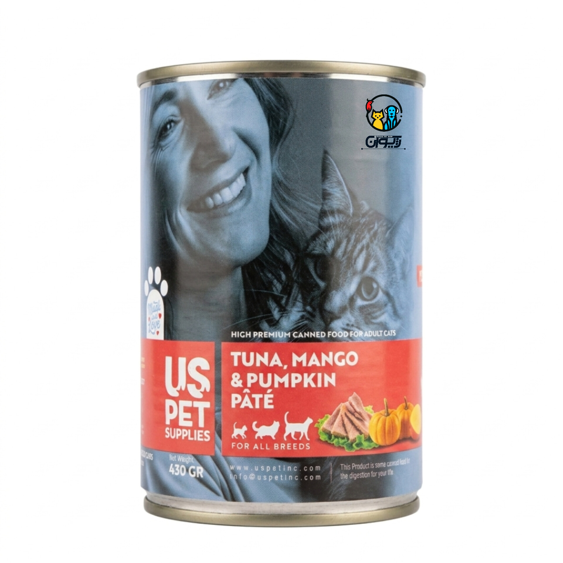 کنسرو گربه های پریمیوم یو اس پت طعم تن، انبه، کدو تنبل، 430 گرم HIGH PREMIUM CANNED FOOD FOR ADULT CATS US PET TUNA, MANGO &PUMPKIN PÂTÉ 430gr