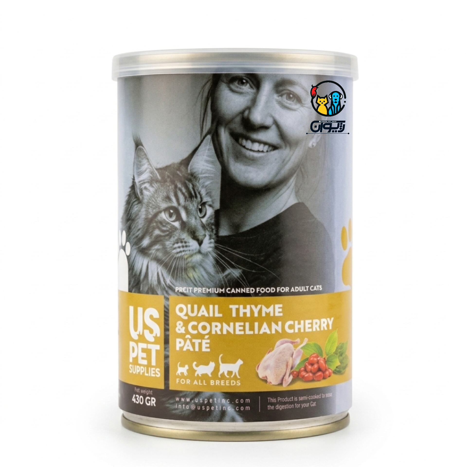 کنسرو گربه های پریمیوم یو اس پت طعم بلدرچین، زغال اخته، آویشن 430 گرم. HIGH PREMIUM CANNED FOOD FOR ADULT CATS US PE QUAIL THYME & CORNELIAN CHERRY PÂTÉ 430gr