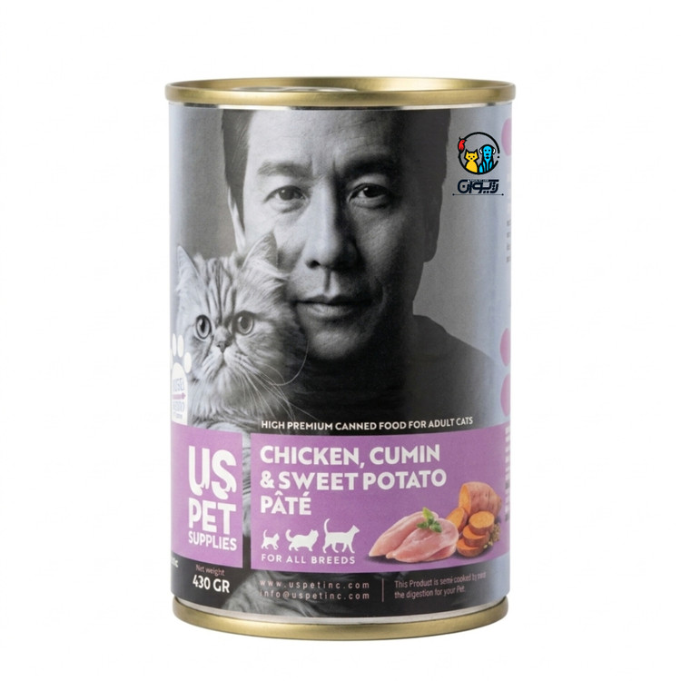 کنسرو گربه های پریمیوم یو اس پت طعم مرغ، سیب زمینی شیرین، زیره سبز 430 گرم. GH PREMIUM CANNED FOOD FOR ADULT CATS US pet CHICKEN, CUMIN &SWEET POTATO PATÉ 430gr