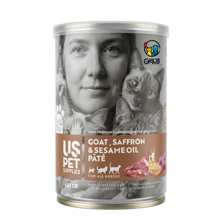 کنسرو گربه های پریمیوم یو اس پت طعم گوشت بز، زعفران، روغن کنجد 430 گرم. HIGH PREMIUM CANNED FOOD FOR ADULT CATS US pet GOAT ,SAFFRON &SESAMEOIL PÂTÉ 430gr
