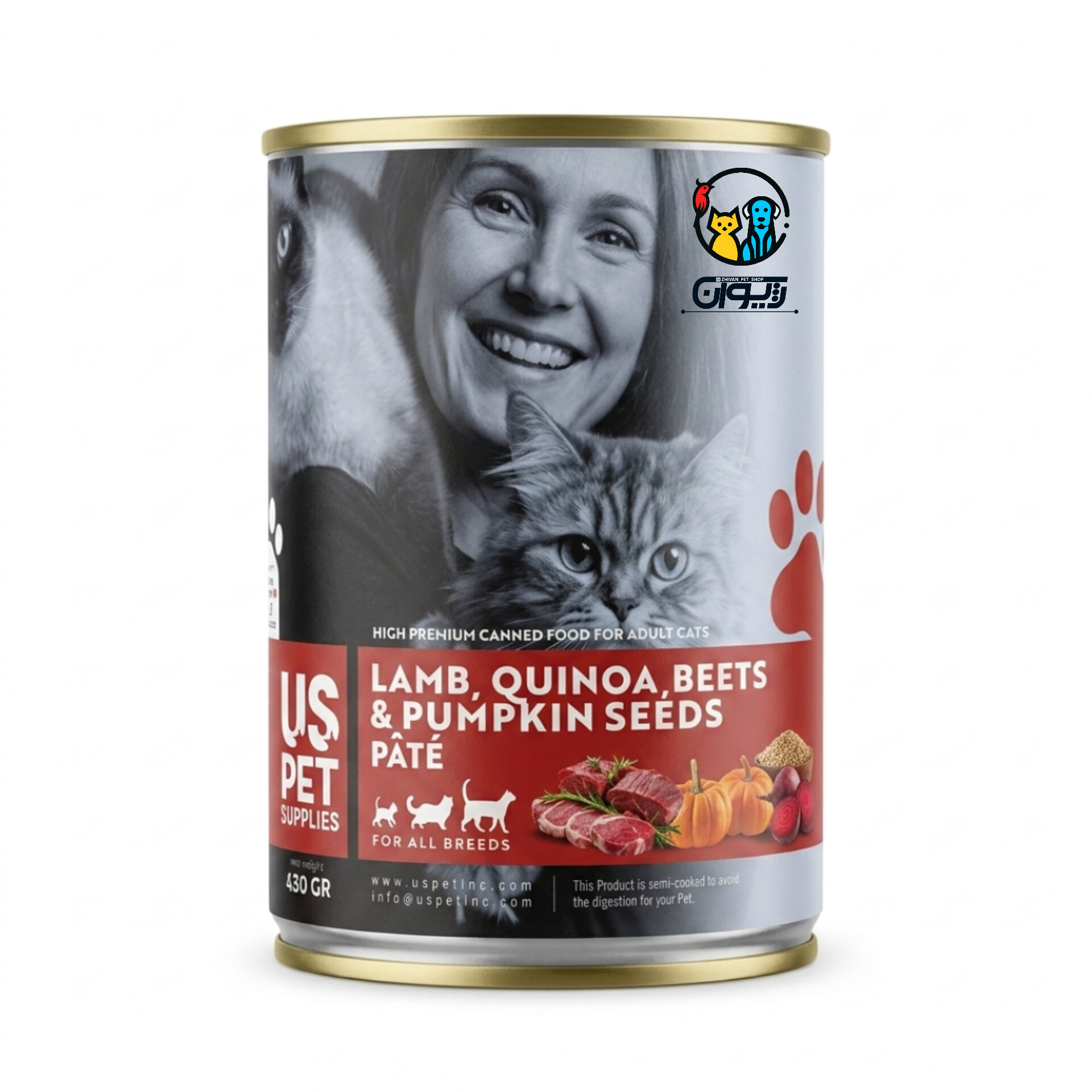 کنسرو گربه های پریمیوم یو اس پت طعم بره، کینوا، چغندر، تخم کدو 430 گرم.HIGH PREMIUM CANNED FOOD FOR ADULT CATS US pet LAMB, QUINOA BEETS & PUMPKIN SEEDS PATE 430gr
