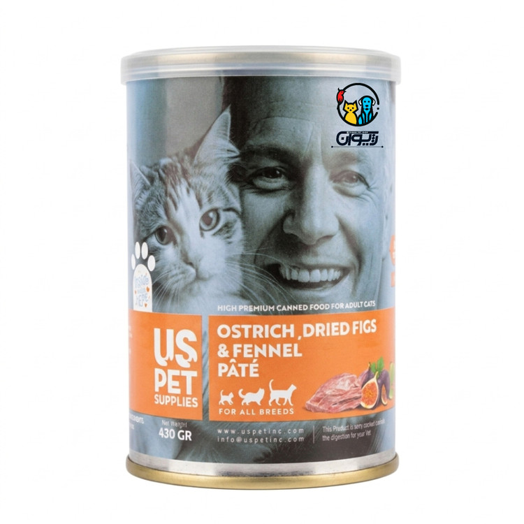 کنسرو گربه های پریمیوم یو اس پت طعم شترمرغ، انجیرخشک، رازیانه 430 گرم. HIGH PREMIUM CANNED FOOD FOR ADULT CATS US pet OSTRICH DRIED FIGS &FENNEL PÂTÉ
