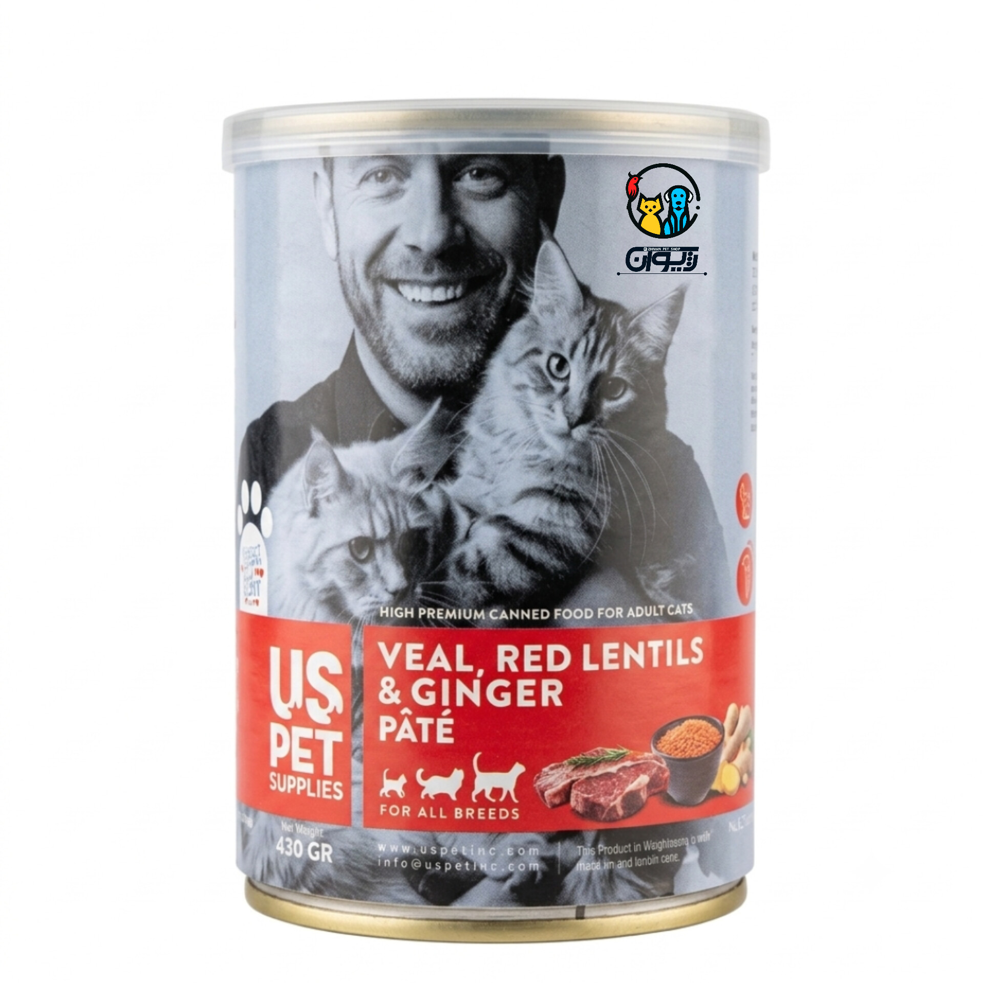 کنسرو گربه های پریمیوم یو اس پت طعم گوساله، عدس قرمز، زنجبیل 430 گرم.HIGH PREMIUM CANNED FOOD FOR ADULT CATS US pet VEAL ,RED LENTILS & GINGER PÂTÉ 430gr