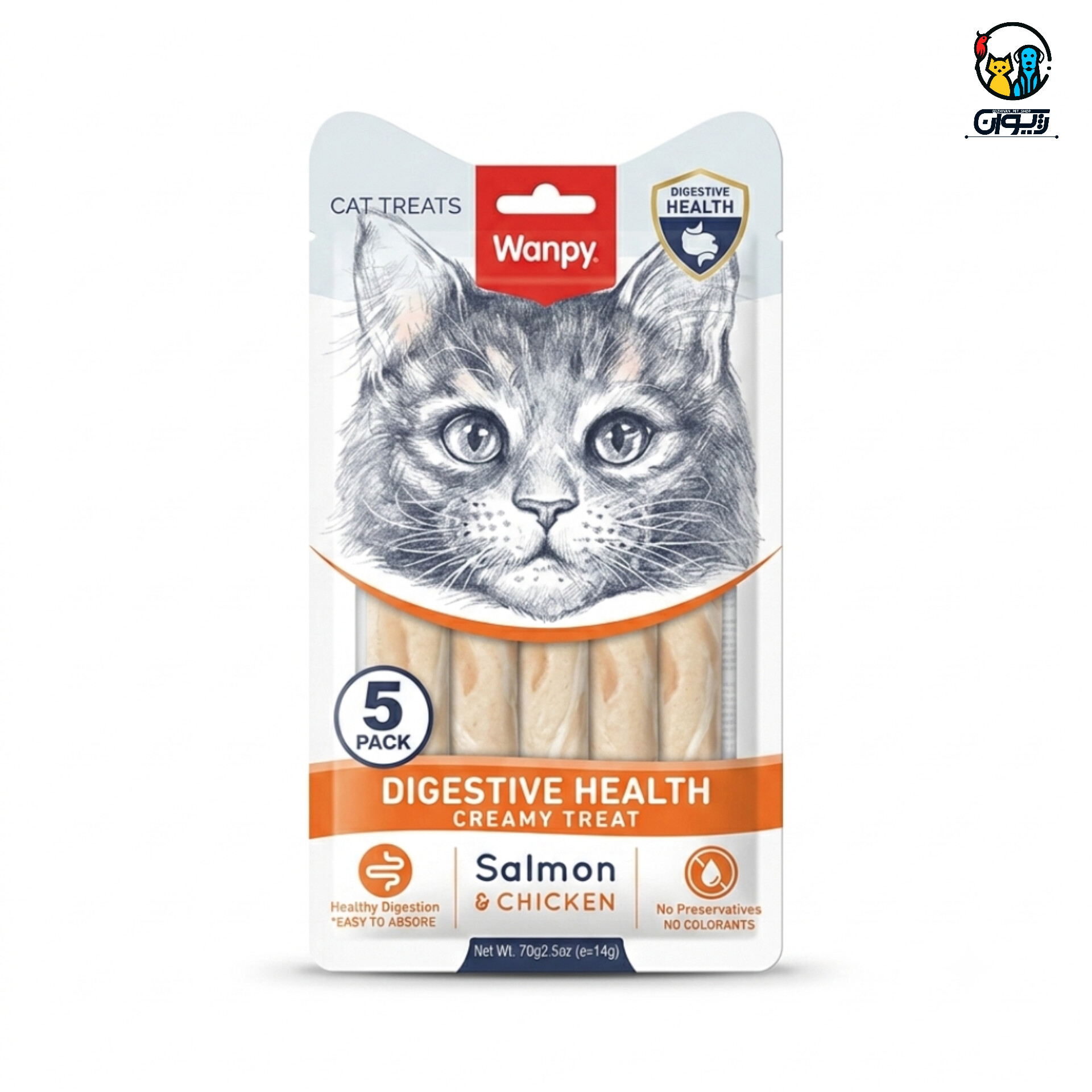 بستنی درمانی گربه ونپی، مراقبت سیستم گوارش، طعم سالمون و مرغ، بسته ۵ عددی Wanpy Functional Creamy Cat Treat