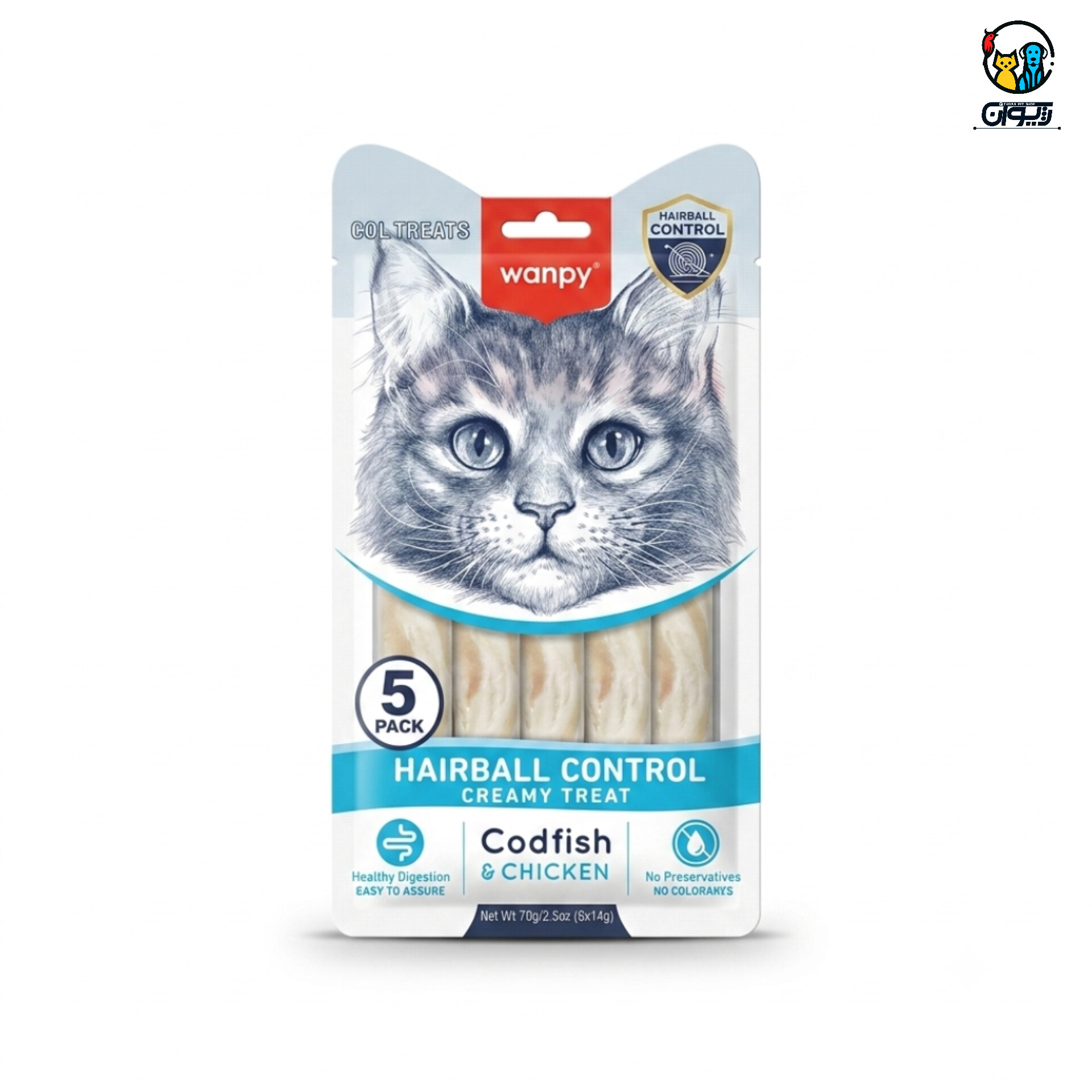 بستنی درمانی گربه ونپی، کنترل گلوله مویی، طعم مرغ و کاد، بسته ۵ عددی Wanpy Functional Creamy Cat Treat