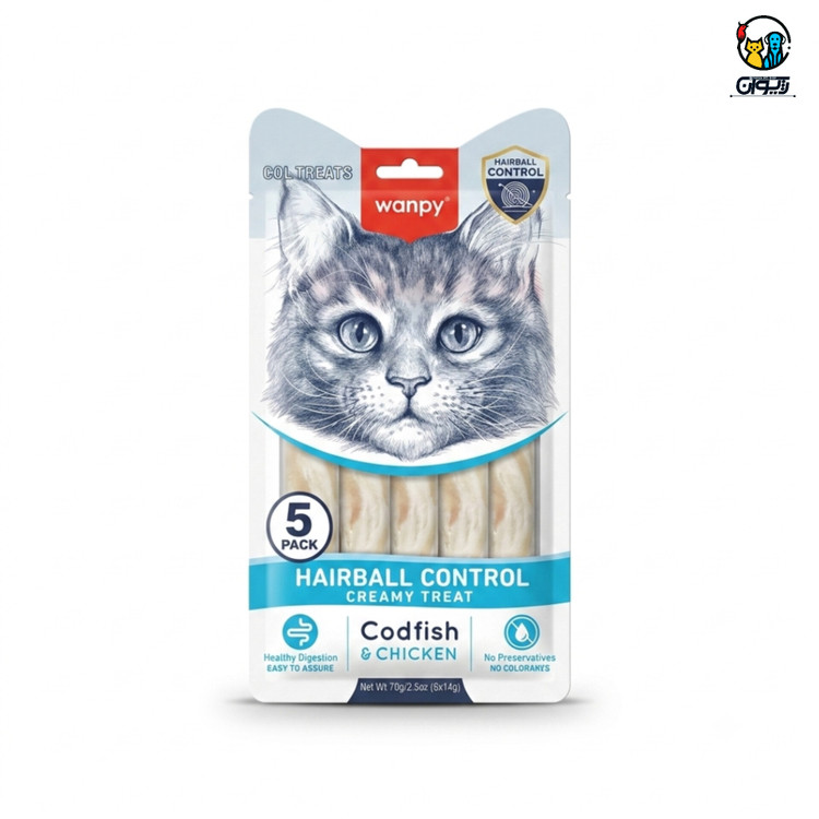 بستنی درمانی گربه ونپی، کنترل گلوله مویی، طعم مرغ و کاد، بسته ۵ عددی Wanpy Functional Creamy Cat Treat